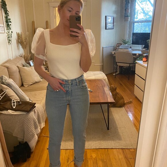 French Connection White Puff Sleeve Knit Top – Size S - Picture 6 of 6